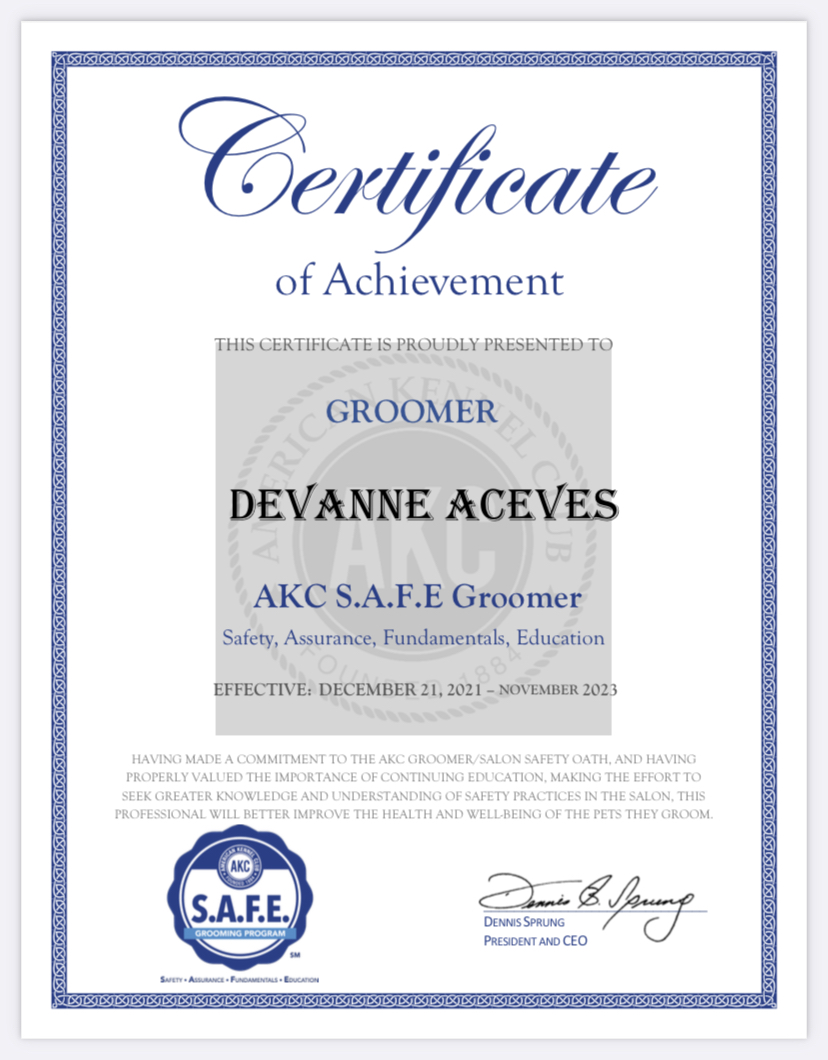 AKC S.A.F.E. Groomer Certificate