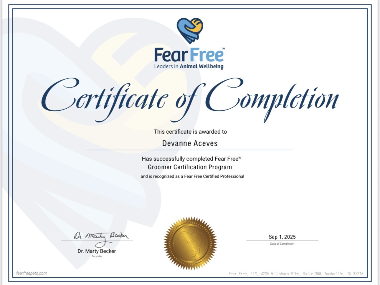 Fear Free Groomer Certificate